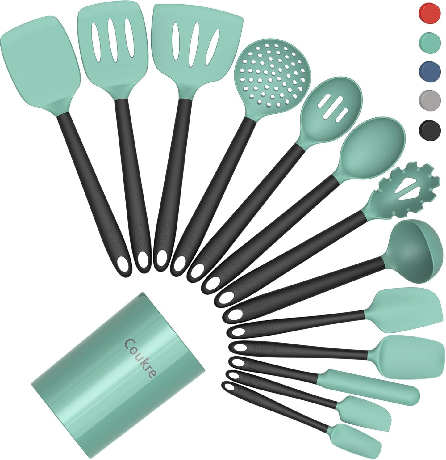 Coukre Silicone Kitchen Cooking Utensils Set with Holder – Heat-Resistant, Food-Grade Kitchen Tools, Spatula, Spoon & Gadgets for Non-Stick Pans, Dishwasher Safe (14, PureBlack)