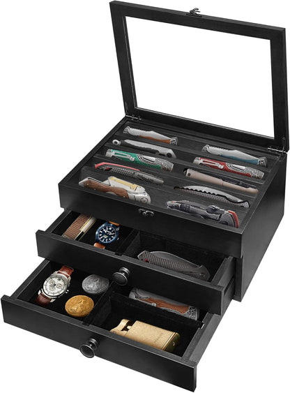 Knife Display Case,2 Layer Pocket Knife Display Case Wood, Knife Collection Display Case with Drawers, Pocket Knife Organizer for Gifts, Black