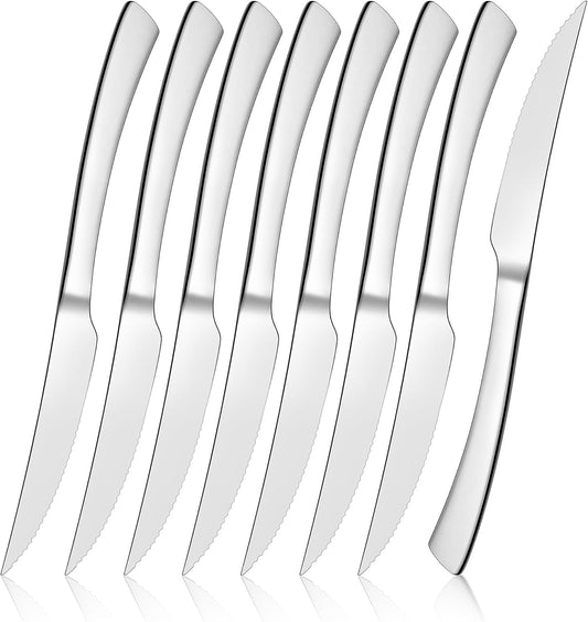 E-far Serrated Steak Knives Set of 12, Stainless Steel Dinner Knife for Home Kitchen Restaurant, 9 Inch Table Knife with Ergonomic Handle and Sharp Tip & Blade, Mirror Silver & Dishwasher Safe