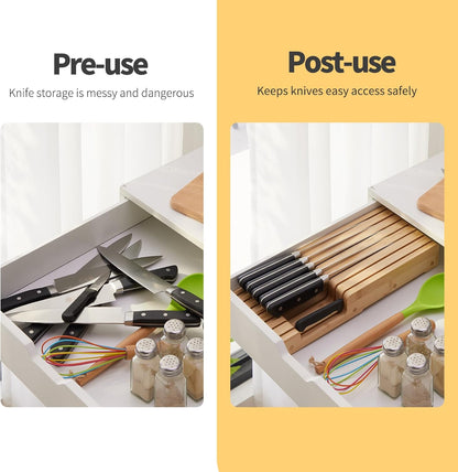 Bamboo Knife Block and In-Drawer Storage, Display Stand and Organizer, In-Drawer Knife Drawer Organizer(Knives Not Included)
