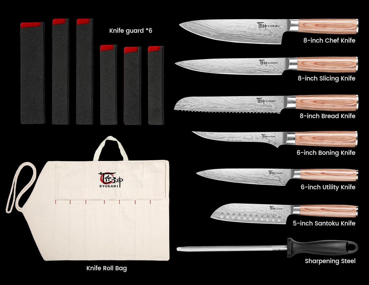 SYOKAMI 14pcs Chef Knife Set with Roll Bag, Professional Stainless Steel Japanese Knife Set with Pakkawood Handle for Professional Chef, Camping, Travel, BBQ, RV or Gift