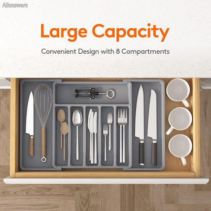 Expandable Drawer Organizer, BPA Free Utensil, Adjustable Flatware & Cutlery Holder/Divider Tray for Spoons Forks, Knives Kitchen Tableware Storage -13-22.4 X 15 X 2 inch(8-Slots/Grey)
