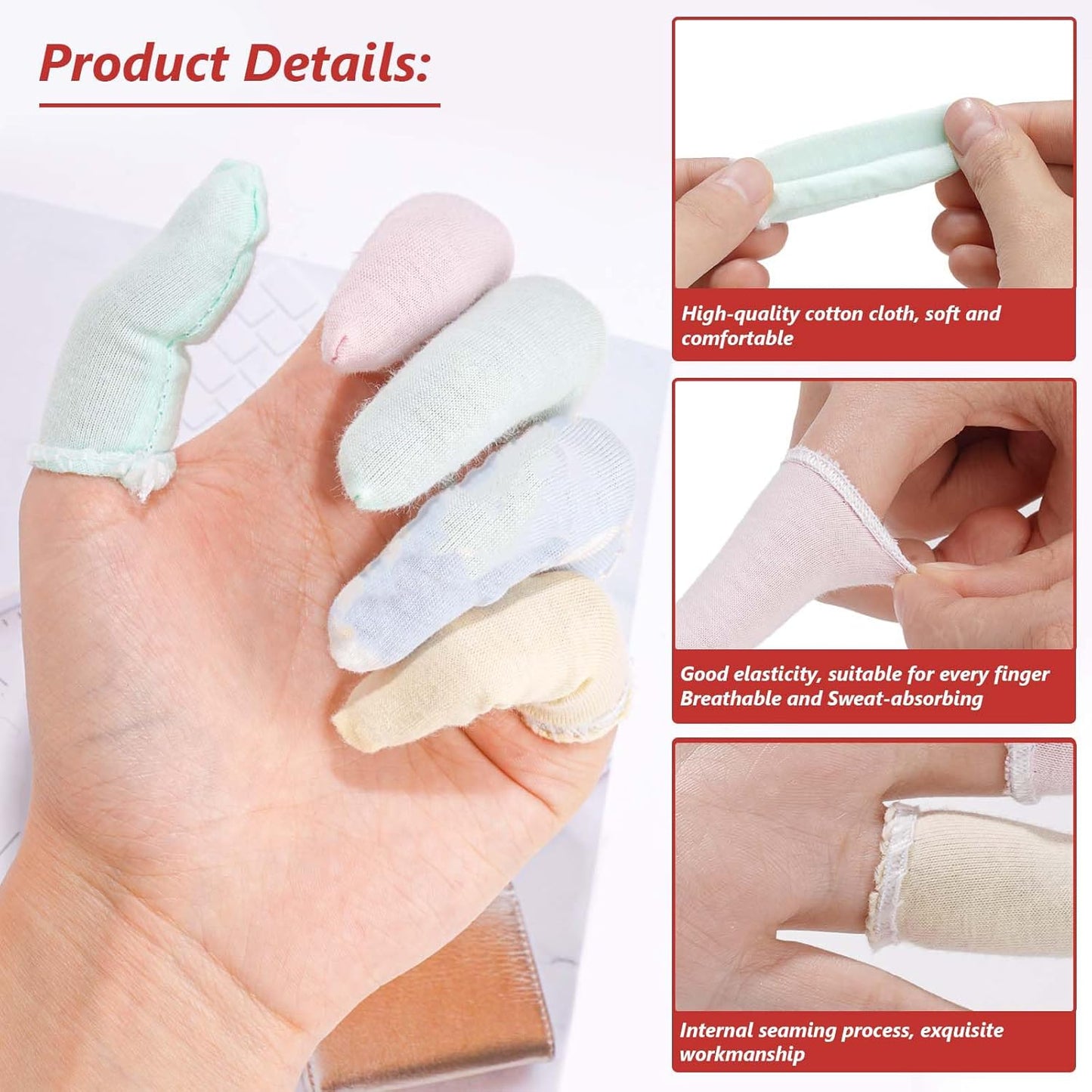 100 Pcs Finger Cots Cotton Material with Elasticity Finger Guards Hand Toe Thumb Fingertips Sleeves Protector by EORTA, Comfortable, Breathable, Absorb Sweat, Reusable, Random Color