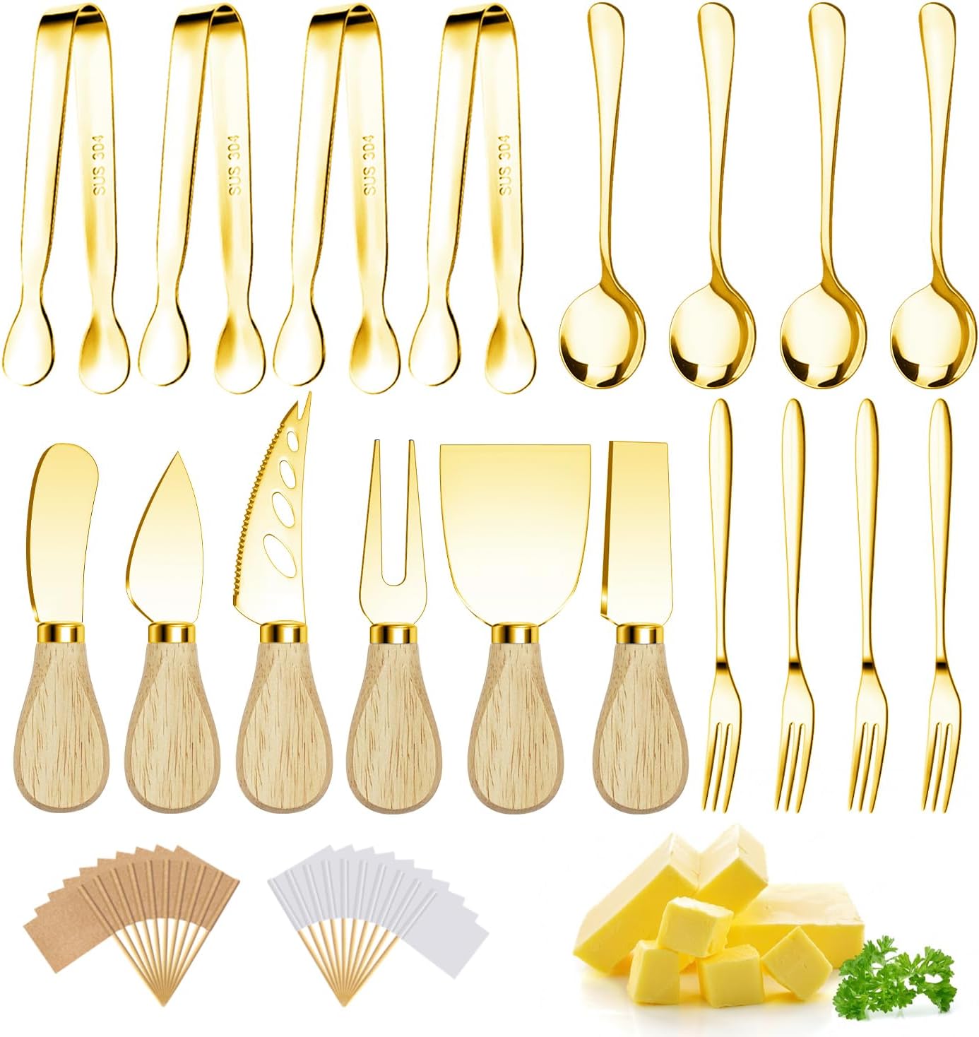 Charcuterie Boards Accessories Gold Charcuterie Utensils Cheese Butter Spreader Knife Set with Wooden Handles Small Serving Tongs Mini Forks and Spoons Flags Toothpick for Party Platter Appetizers