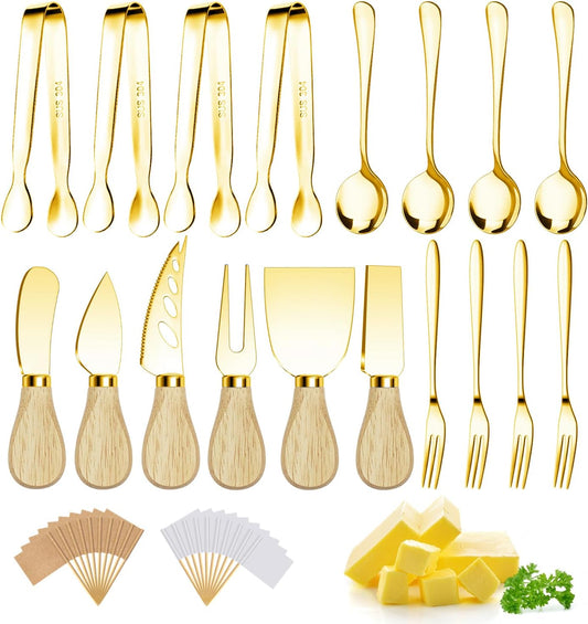 Charcuterie Boards Accessories Gold Charcuterie Utensils Cheese Butter Spreader Knife Set with Wooden Handles Small Serving Tongs Mini Forks and Spoons Flags Toothpick for Party Platter Appetizers
