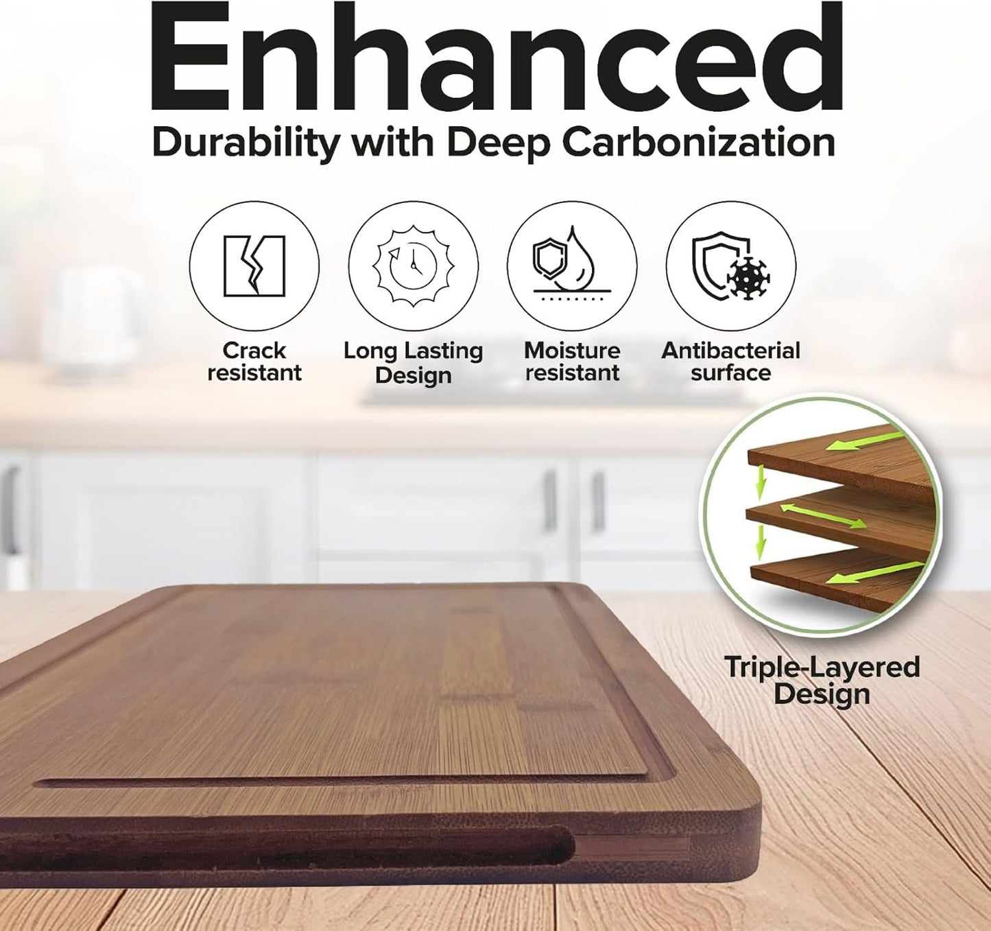 Bamboo Chopping Board, Durable Chopping Board Bamboo with Deep Juice Grooves & Built-in Handles - Carbonized Wooden Chopping Boards Ideal Charcuterie Double-Sided Serving Tray for Kitchen