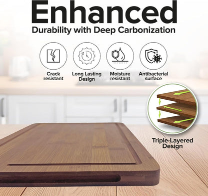 Bamboo Chopping Board, Durable Chopping Board Bamboo with Deep Juice Grooves & Built-in Handles - Carbonized Wooden Chopping Boards Ideal Charcuterie Double-Sided Serving Tray for Kitchen