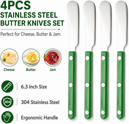 4PCS Stainless Steel Butter Knives Set: 6.3 Inch Cheese Spreader 304 Stainless Steel with Ergonomic Handle for Cheese, Butter & Jam (green)