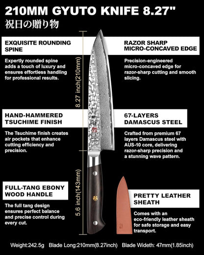 kanngou Japanese Chef Knife Kitchen Knife with 67 Layers Damascus Steel AUS-10 Core, Professional Damascus Knife with Full-Tang Ebony Wood Handle and Premium Gift Box (8.27 Inch Kiritsuke Knife)