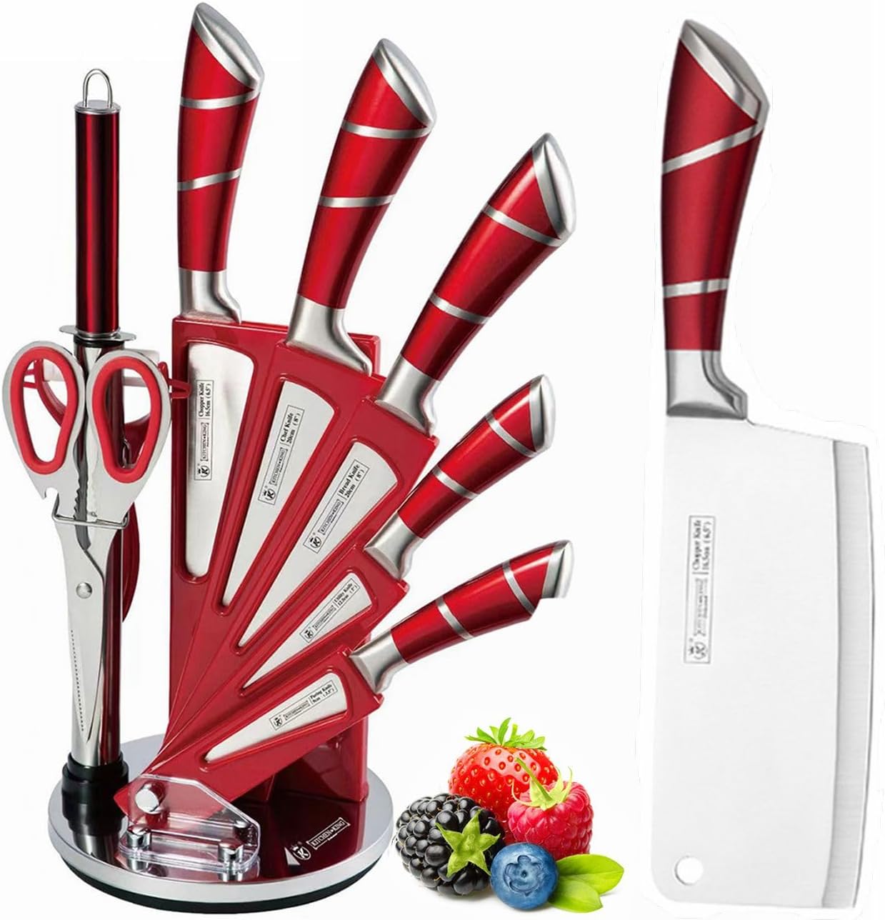 Kitchen Knife Set, 9Pcs Purple Knife Set with Acrylic Block, Ergonomical Handle,Non Stick Sharp Stainless Steel Chef Knife Block Set for Home Cooking Gift