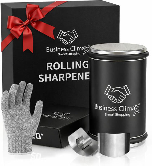 Premium Rolling Knife Sharpener Kit – Tumbler Knife Sharpening System with Diamond Discs, Magnetic 15° & 20° Angle Guide, Wooden Handle, Safety Glove & Finger Guard for Kitchen Knives (Brown)