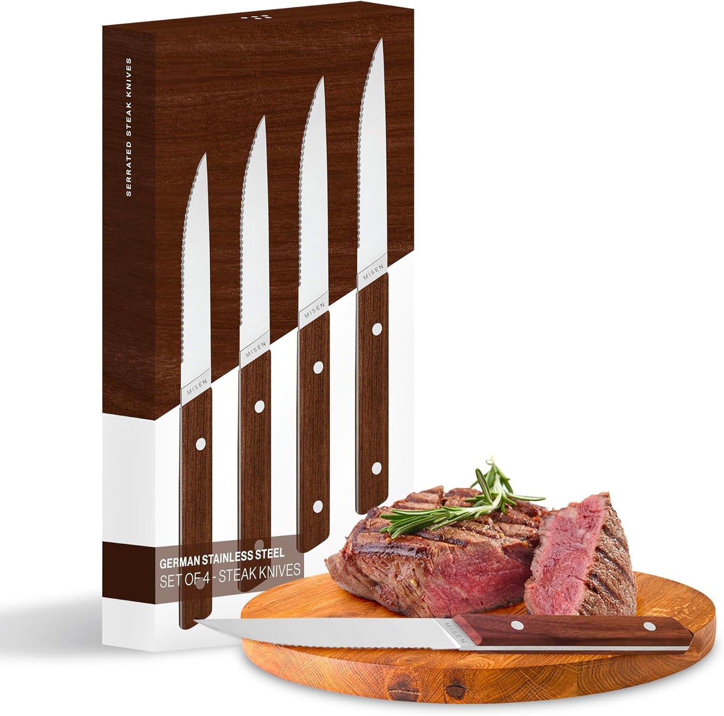 Misen Steak Knives Set of 4 - Precision Serrated Blades for Effortless Dining - Stainless Steel - Superior Cuts with Four Steak Knives Handles - Black