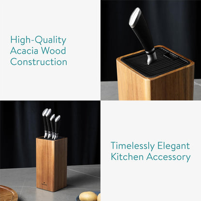 Navaris Universal Knife Block Holder - Rubber Wood Stand with Bristles to Fit Different Sizes of Knives - Angled Design, 9.8" x 5.9" x 4.1’" - Black