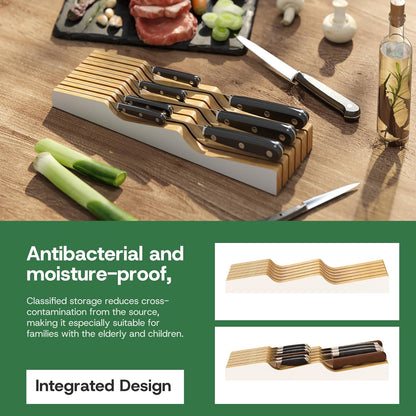 Knife Drawer Organizer Insert, Bamboo Wood Knife Holder, Knife Block Holds Up To 11 Knives