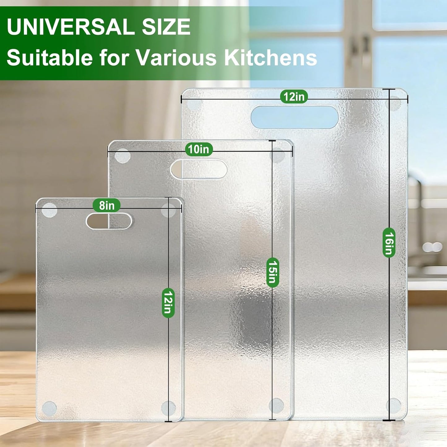 Tempered Glass Cutting Board with Handle, 3PCS Frosted Glass Cutting Board for kitchen counter, Non Toxic, Plastic Free, Scratch Resistant, Dishwasher Safe, Easy to Clean(16"x12"&15"x10"&12"x8")
