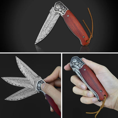 KOMWERO Damascus Pocket Knife for Men, VG10 Core Damascus Steel Folding Knife with Wood Handle, Ball Bearing, Thumb Hole, Liner Lock, Sheath for EDC Outdoor Survival Hunting