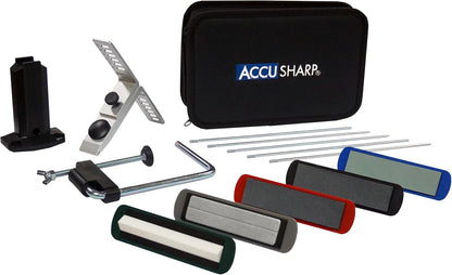 AccuSharp Precision Knife Sharpening Stone Kit, Set for Honing Straight Bladed Knives, Portable Stone Sharpener with Clamp, Pouch, and Guide for Various Angles, Set of 5 Stones with Varying Coarseness