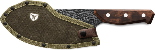 TRUE PrimalForge Chef Knife | All-Purpose Knife, Slice Dice Chop & Mince, Home & Professional, Rugged Stonewash Finish, Sharp 5Cr15MoV Stainless-Steel, Wood Handle, Hand Forged Appearance