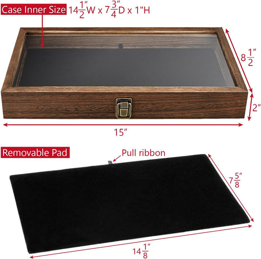 MOOCA Wooden Jewelry Display Case, Pocket Knife Display Case with Tempered Glass Top Lid and Removable Black Luxurious MDF Velvet Jewelry Pad, Black Color