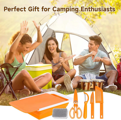7PCS Collapsible Cutting Board Set, Foldable Camping Sink with Drain, Double-Sided Chopping Board, Kitchen Shears, Knives, Peeler, Sponge for Outdoor, BBQ, Picnic, and Home
