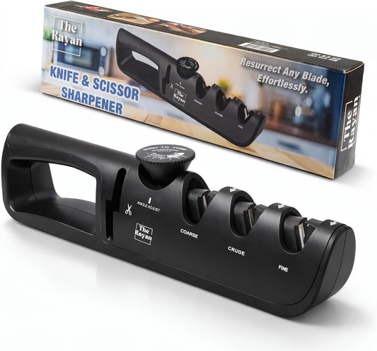 Knife Sharpener, 4-in-1 with Non-Slip Base and Adjustable Angle Guide, Perfect for Fruit Knives, Steel Knives & Scissors, Repair, Restore & Polish Blade (Black and Red)