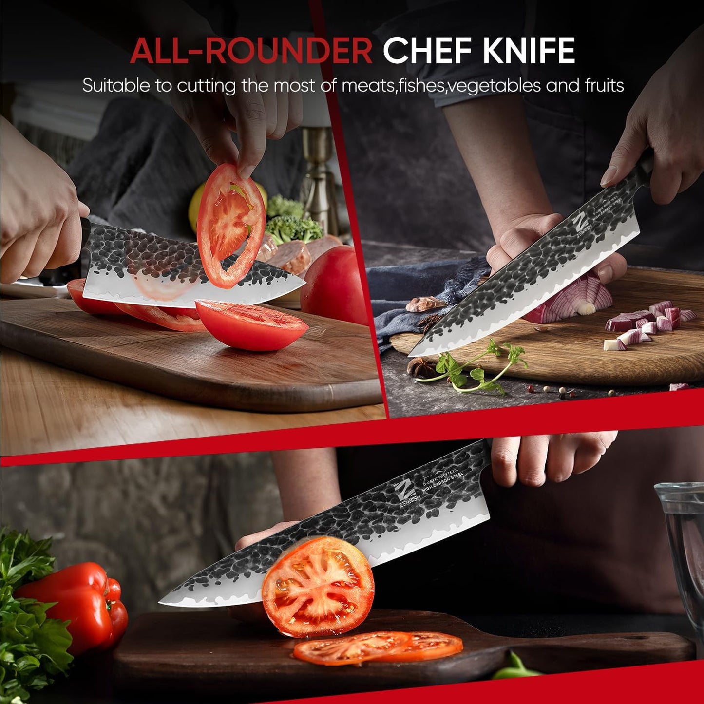 【Exclusive】 Gyuto Knife, 8 Inch Japanese Chef Knife, Handmade Forged 5-Layer VG10 High Carbon Steel, Hammered Finish Rust-Resistant Blade, Ergonomic Sandalwood G10 Handle Kitchen Knife with Gift Box