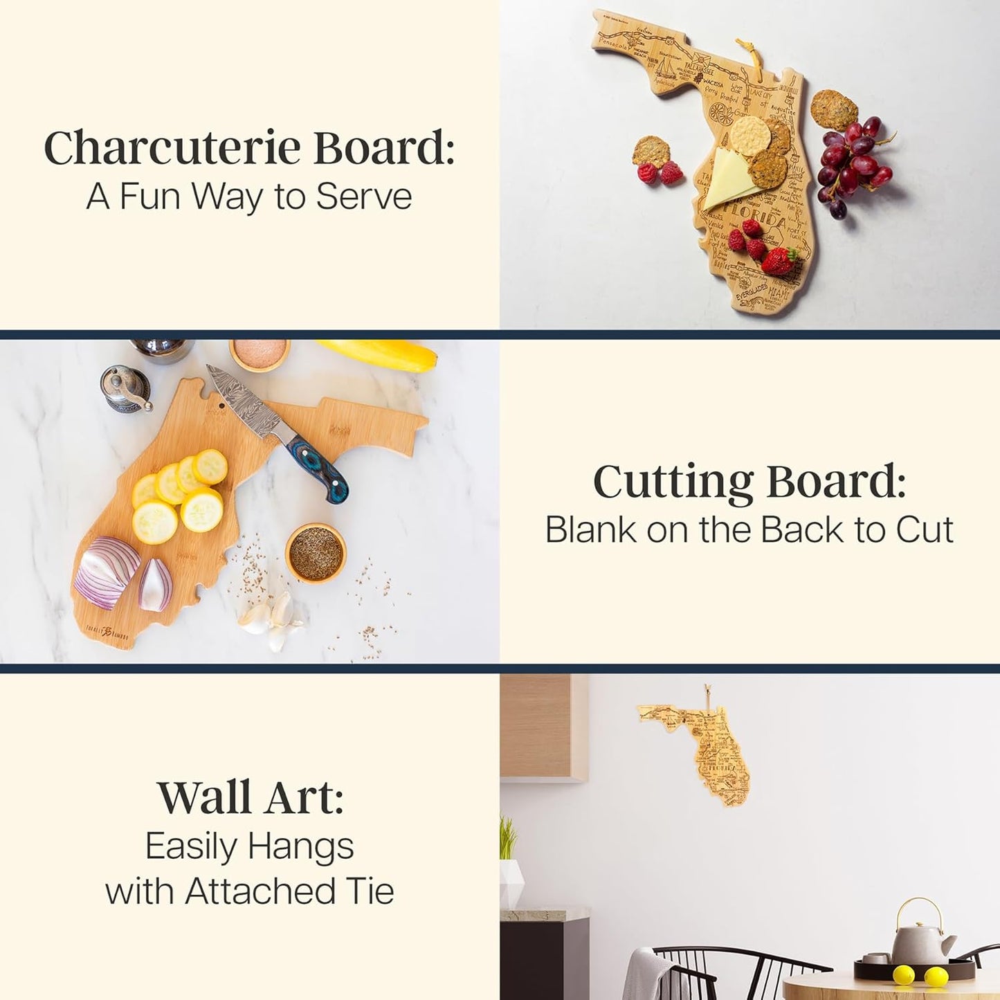 Totally Bamboo Destination Florida Shaped Cutting Board – Bamboo Charcuterie and Serving Board with Hang Tie for Wall Display
