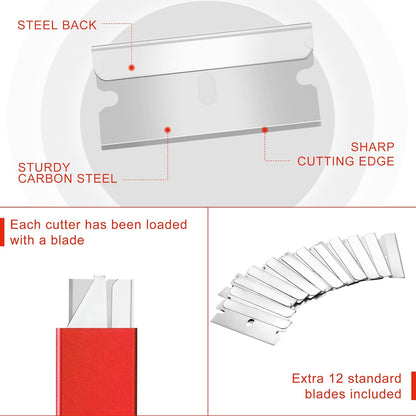 WORKPRO 12-Pack Box Cutter Retractable - Utility Knife with Single Edge Razor Blade - Razor Knife Box Opener Cardboard Cutter with Metal Sheathes- Extra 12-Pack Razor Blades for Replacement - Red
