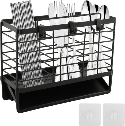 3-Compartment Dish Drying Rack for Kitchen, Carbon Steel Utensil Holder with Drain Tray, Utensil Caddy Organizer for Knives, Forks, Spoons, Chopsticks, Wall Mount or Countertop(COLOR:Black)