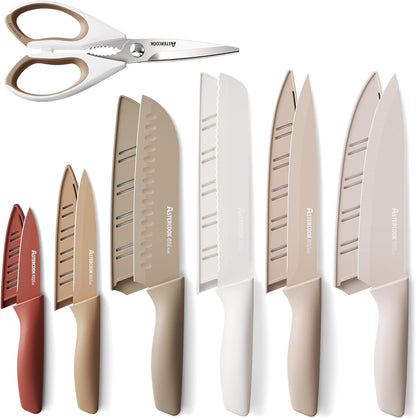 Astercook Knife Set, 13 Pieces Kitchen Knives Set with Healthy Anti-Rust Coating, Dishwasher Safe, Stainless Steel Chef Knife Sets with 6 Blade Guards, Perfect Holiday Gifts for Kitchen Morandi