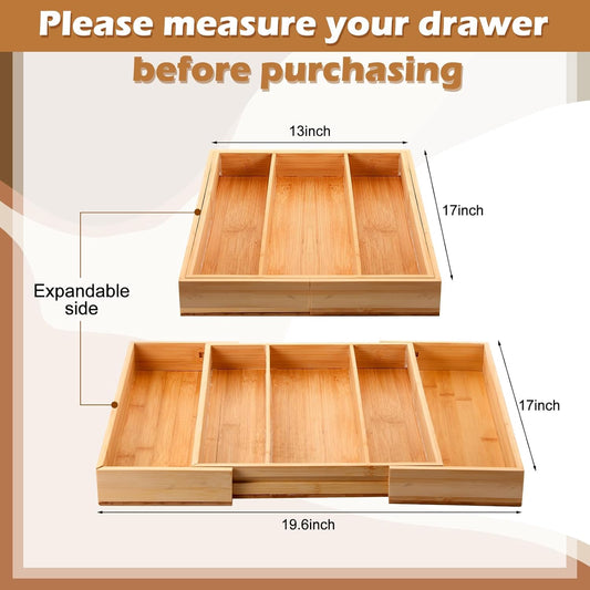 Baderke Bamboo Kitchen Drawer Organizer, Knife Drawer Organizer Drawer Dividers for Kitchen Utensils and Storage Knives Kitchen Steak Knives Holder Organizers Block Insert Dock for Drawer in Storage