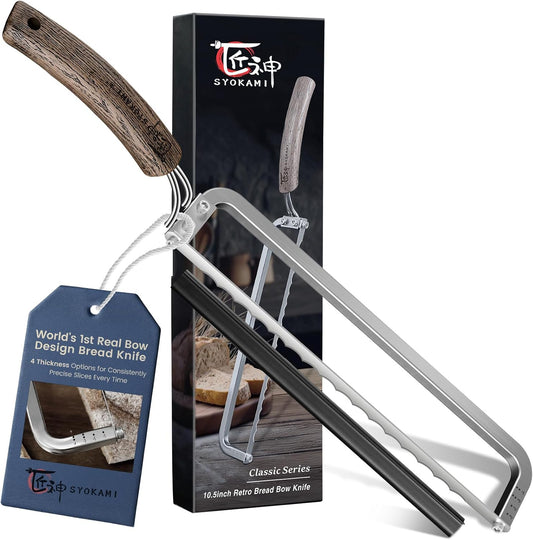 SYOKAMI 2026 Upgrade Bread Knife for Homemade Bread, World's 1st Real Bow-Design Sourdough Bread Slicer, Razor-Sharp Cutter for Crusty Sourdough & Baguette, 4 Thickness Scale Marks, Ideal for Gift