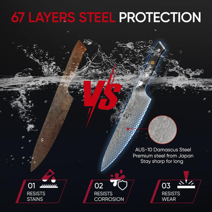 【Exclusive】 Gyuto Knife, 8 Inch Japanese Chef Knife, Handmade Forged 5-Layer VG10 High Carbon Steel, Hammered Finish Rust-Resistant Blade, Ergonomic Sandalwood G10 Handle Kitchen Knife with Gift Box