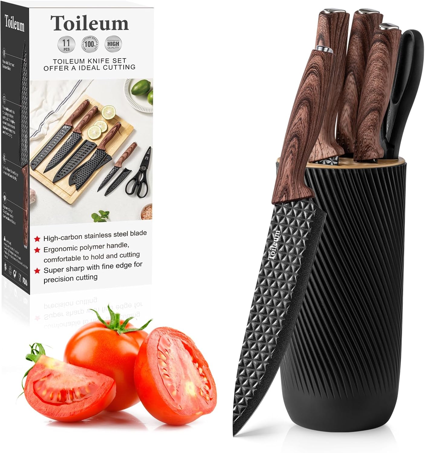 Khaki Kitchen Knife Set with Block for cooking necessities,11 pieces knives block set for kitchen appliances, Anti-Rust Non-Stick Stainless Steel with 5 Blade Guards