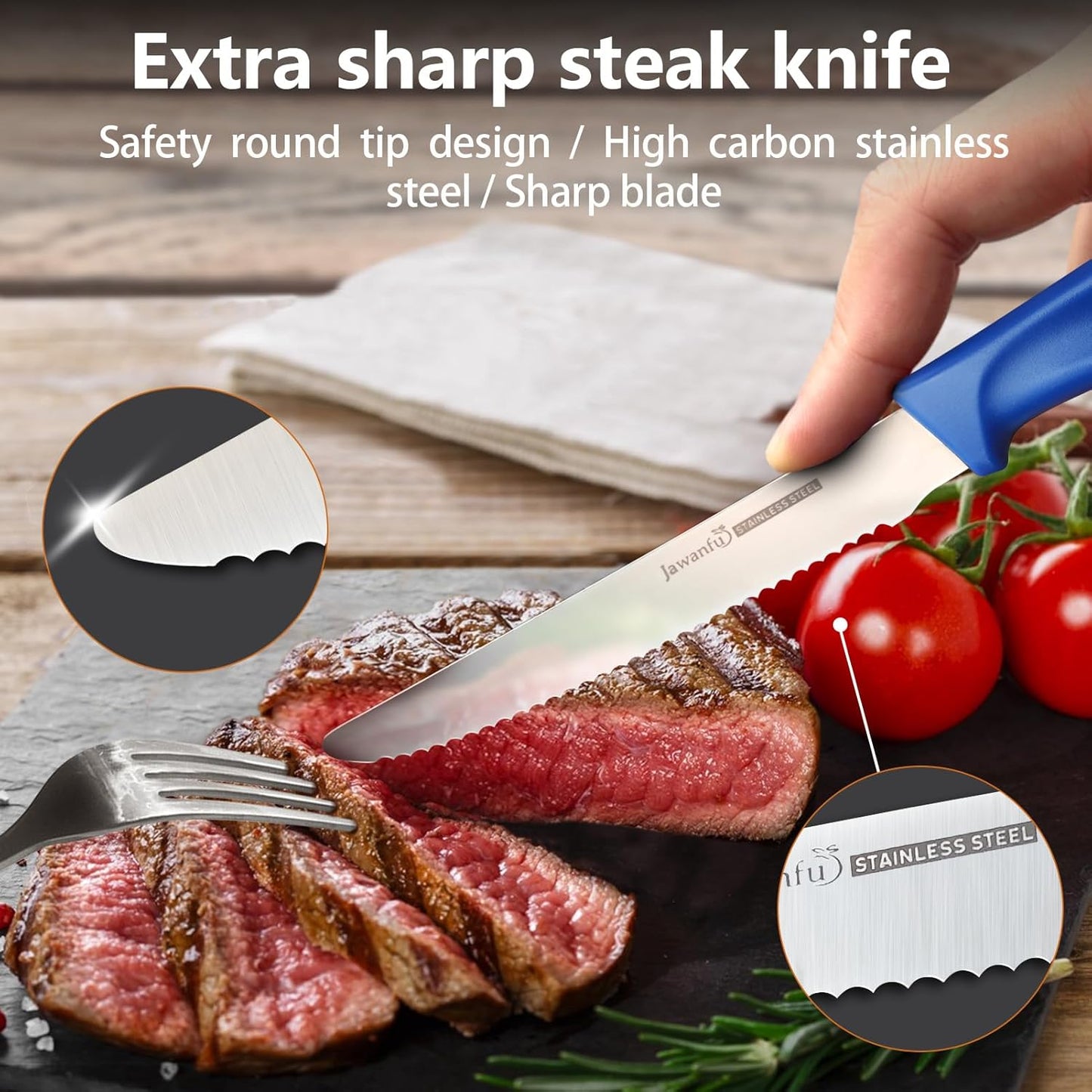 Steak Knife Set of 6, Serrated Steak Knives, Premium Stainless Steel Multi Functional Knife, Dishwasher Safe, Black