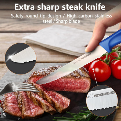 Steak Knife Set of 6, Serrated Steak Knives, Premium Stainless Steel Multi Functional Knife, Dishwasher Safe, Black
