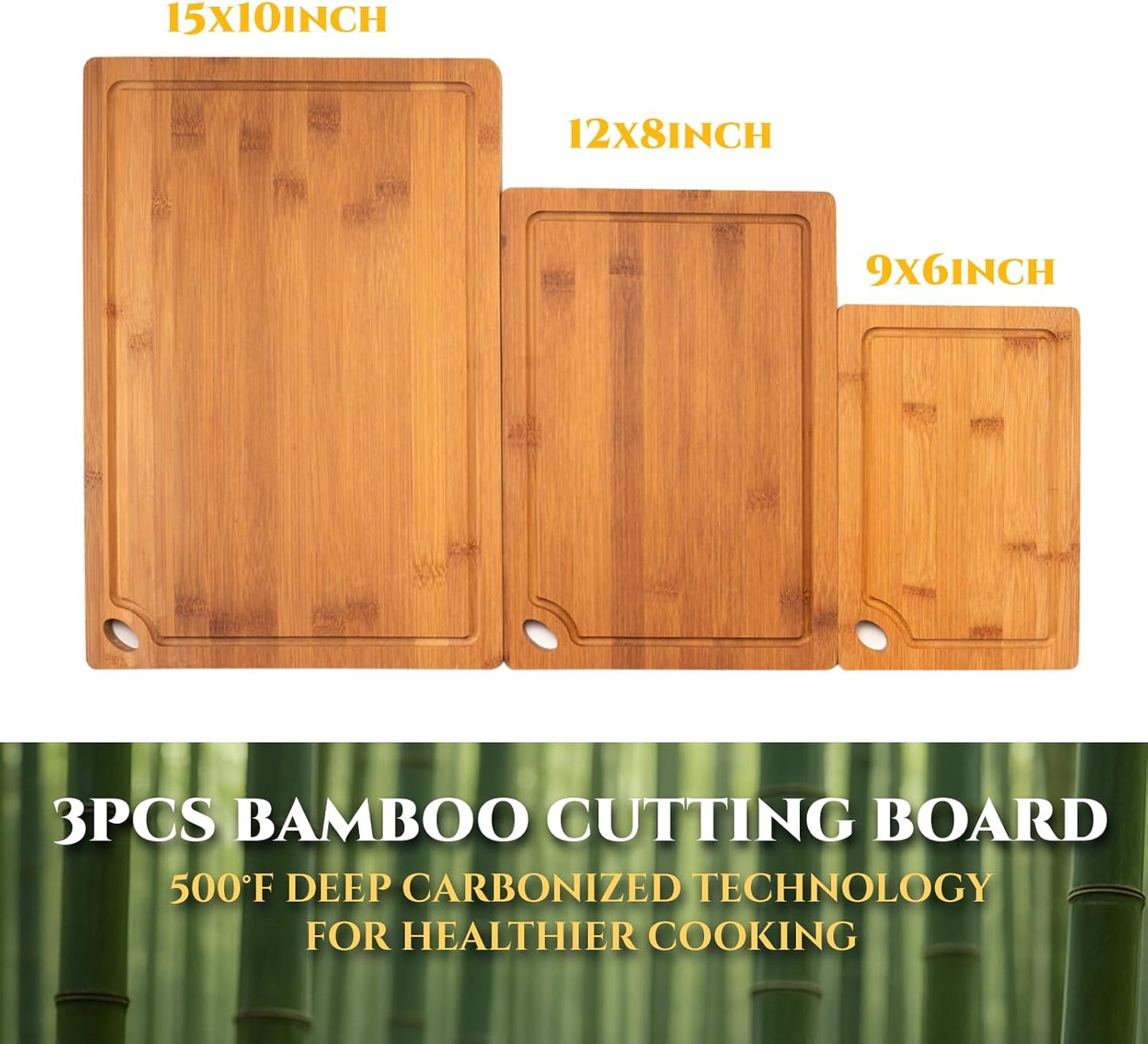 3-Piece Organic Bamboo Cutting Board Set for Kitchen - Carbonized Extra Sturdy Chopping Boards with Juice Grooves - Knife-Friendly Multi-Size (15", 12", 9") for Meat & Veggies - Housewarming Gift Box