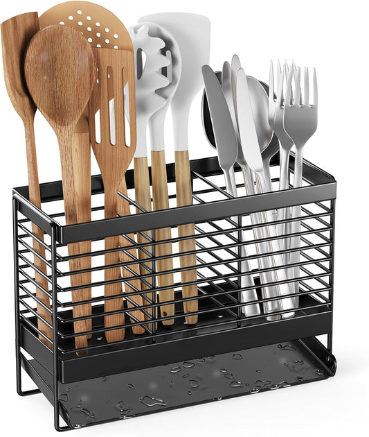 Utensil Holder, Upgrade Stainless Steel Utensil Drying Rack with Automatic Drain Tray for Kitchen Counter, Silverware Cutlery Organizer for Spoons, Forks, Knifes, Chopsticks (Black)