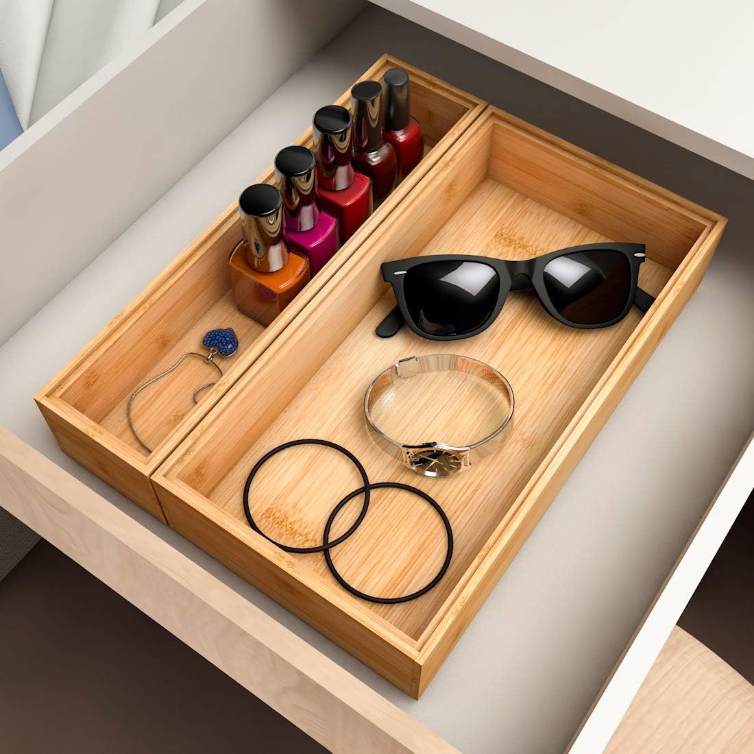 Utensil Organizer Silverware Drawer Organizer - Stackable Bamboo Flatware Caddy Cutlery Holder, Wooden Storage Boxes Tray for Bedroom,Office, Bathroom, Vanity & Garage Tool Organization(9"3"2.5")
