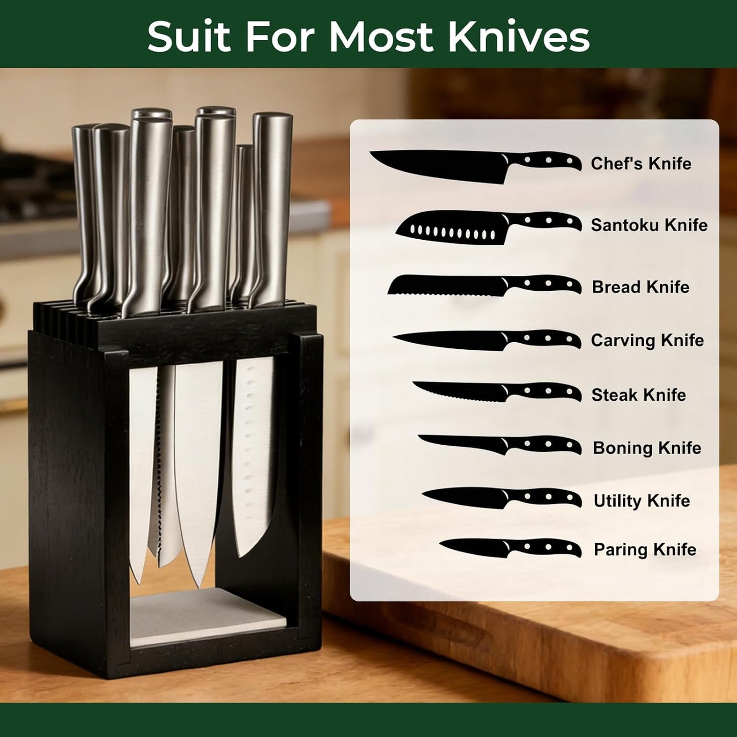Universal Wood Knife Block Natural Acacia Wood Knife Holder for Kitchen Counter Large Capacity Slotted Storage for Chef, Steak Bread Knives Space-Saving Modern Design Non-Slip Base Black