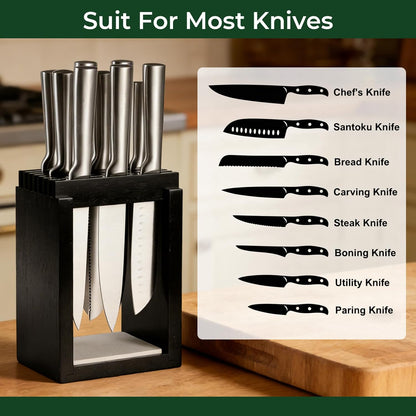 Universal Wood Knife Block Natural Acacia Wood Knife Holder for Kitchen Counter Large Capacity Slotted Storage for Chef, Steak Bread Knives Space-Saving Modern Design Non-Slip Base Black