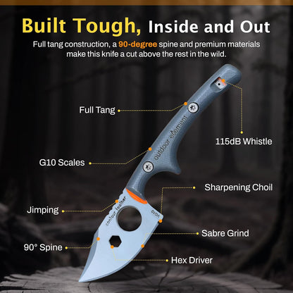 Scout Feather Glow - Fixed Blade Survival Knife with built-in Firestarter for Camping, Hunting, Outdoor Adventure and Culinary Need - VG10 Blade, Whistle, Knife Sharpener, Compact Sheath & G10 Handle