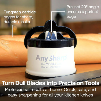 AnySharp – PRO – Hands Free Knife Sharpener - Easy to Use Sharpening Tool with PowerGrip Suction Base and 20-Degree Pre-set Angle - For All Knives: Chef’s, Serrated, and Hardened Steel - Metal