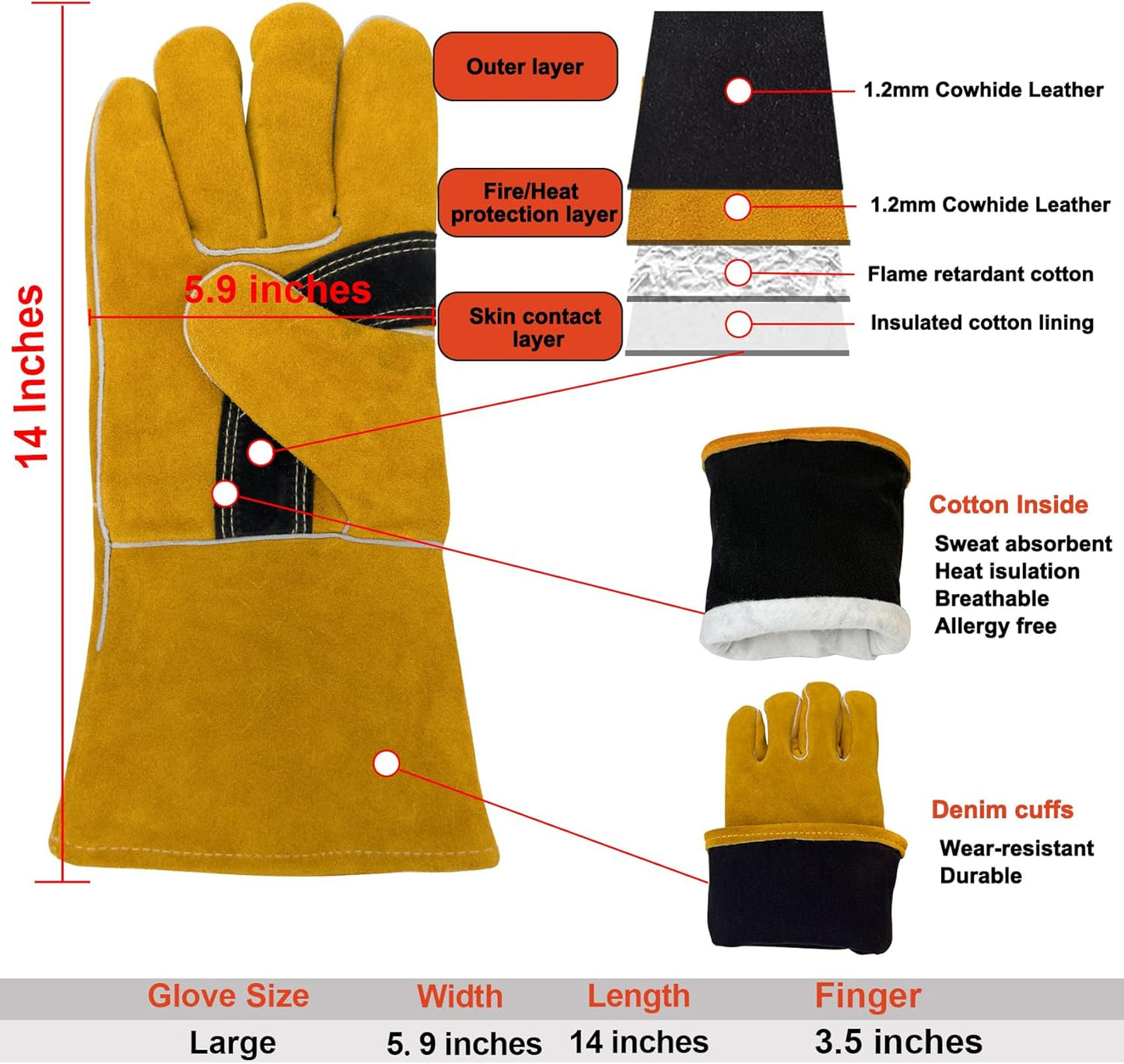 Welding Gloves 14 Inches, Heat Resistant 932℉ Leather Welding Gloves for MIG, TIG, Stick, Long Sleeve Grill Gloves for Welding, Fireplace, BBQ, Oven, Furnace, Wood Stove, Animal Handling