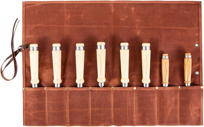 Chisel Roll,6 Pockets Roll Up Tool Pouch,Waxed Canvas Small Tool Roll Organizer and Wrench Roll Up Pouch,Store Chisel,Wrench,Pliers,Carving Knife (12-Brown)