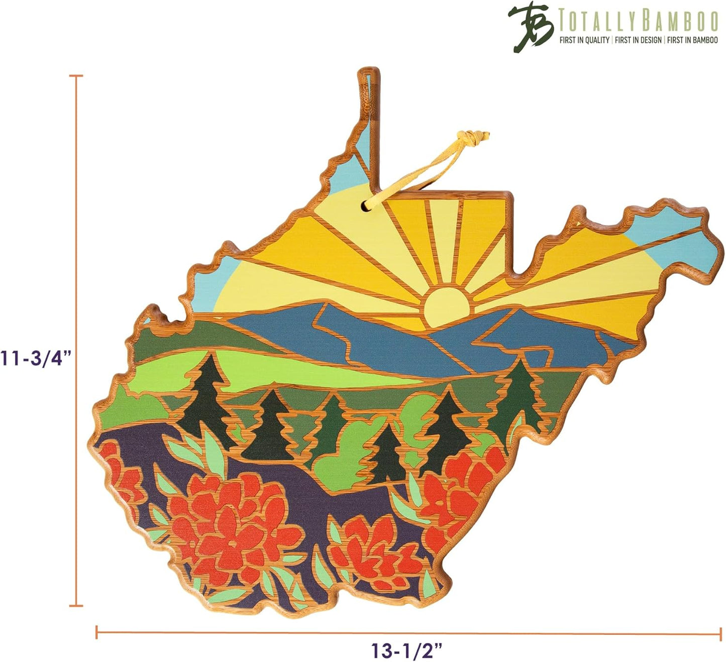 Totally Bamboo North Carolina State Shaped Cutting Board and Charcuterie Serving Platter with Artwork by Summer Stokes, Includes Hang Tie for Wall Display 18" x 8" x 5/8" - Colors A