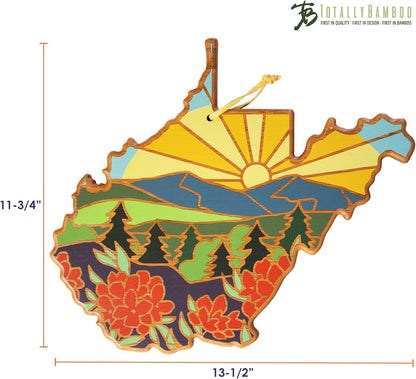 Totally Bamboo North Carolina State Shaped Cutting Board and Charcuterie Serving Platter with Artwork by Summer Stokes, Includes Hang Tie for Wall Display 18" x 8" x 5/8" - Colors A