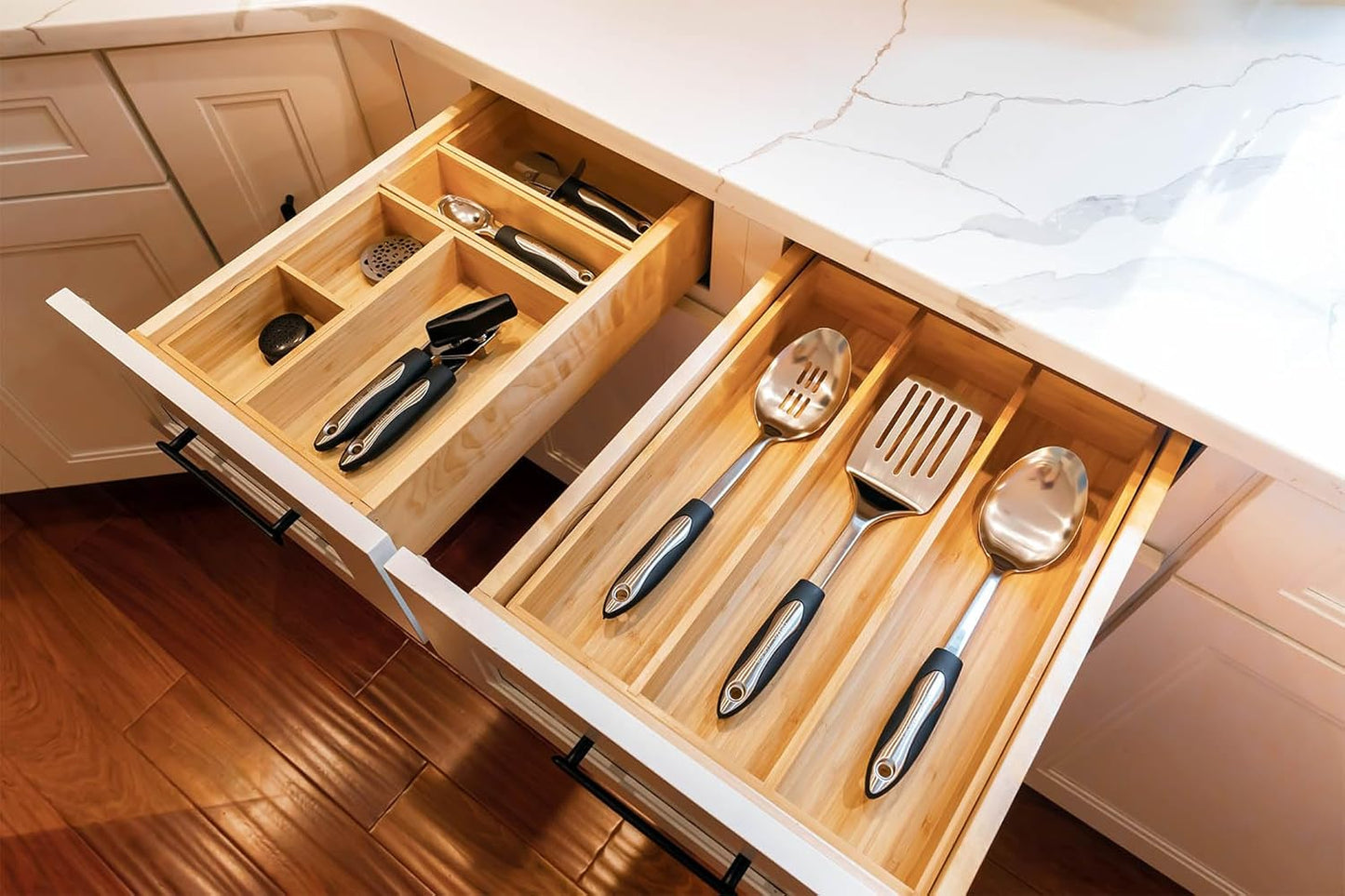 Umilife Bamboo Kitchen Utensils Organizer, Extra Long High Silverware Drawer Holder, Flatware Cutlery Storage Box, Multi-Use Drawer Divider in Office, Bathroom, Pantry - 17"x6"x2.5" (Set of 2)