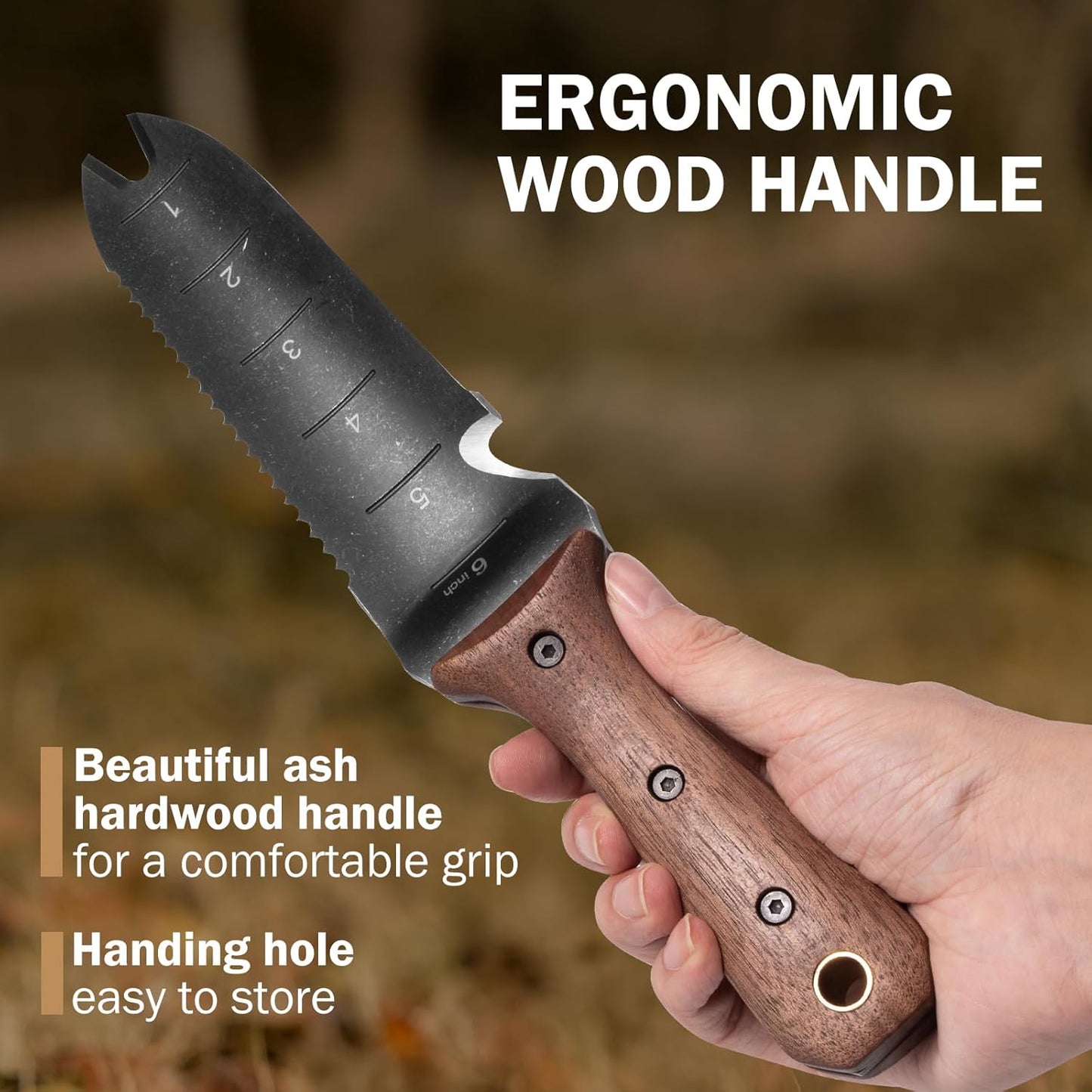 ROYTOA Hori Hori Garden Knife, Garden Tools with Sheath for Weeding,Planting,Digging, 7" Stainless Steel Blade with Cutting Edge, Full-Tang Wood Handle with Hanging Hole