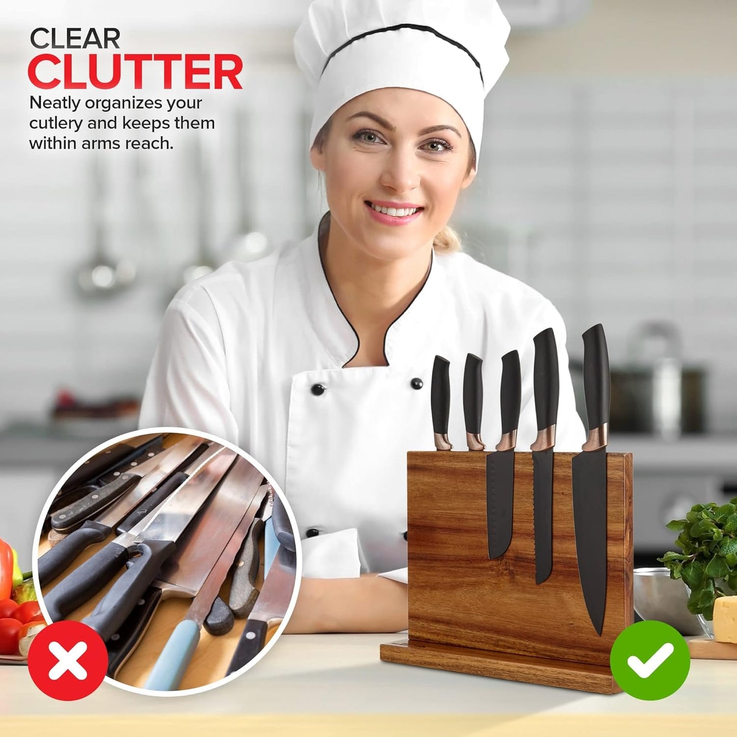 Modern Innovations Magnetic Knife Block, Double-Sided Magnet Knife Holder Stand, With Strong Enhanced Magnets, Kitchen Counter Organization Storage Rack, Wood Stand, Utensil Holders